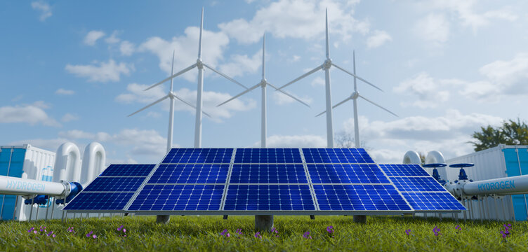 solar cell plant and wind generators in urban area connected to smart grid.Energy supply,eolic turbine,distribution of energy,Powerplant,energy transmission,eco energy,high voltage supply concept.