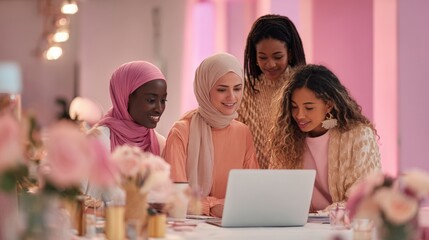 Creative Collaboration of Four Women at a Pastel Decor Table