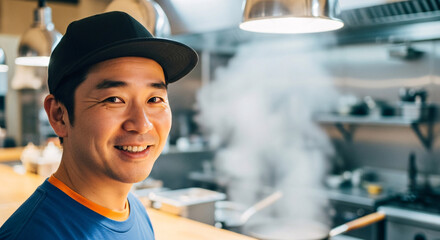 Smiling Asian chef in a busy restaurant kitchen