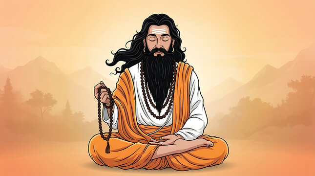 an artistic depiction of guru ravidas jayanti meditating in the misty mountains with prayer beads for spiritual celebration of birth on magh purnima