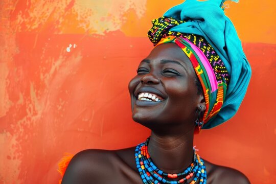 Studio portrait of a cheerful african woman wearing traditional headscarf and necklace, expressing happiness and cultural pride