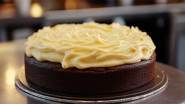 Gourmet chocolate cake featuring ivory buttercream rosettes decoratively piped on top