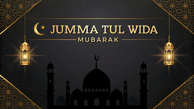 Jumma Tul Wida Mubarak greeting with mosque silhouette on dark background