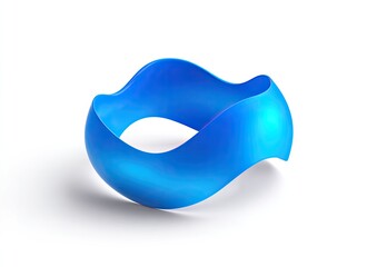 Glossy, abstract blue shape, curved and floating on a white background with a shadow