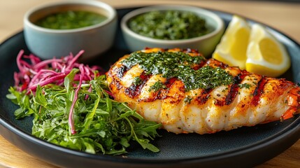 Grilled white fish fillet with herb sauce, lemon wedges, and fresh greens on a plate
