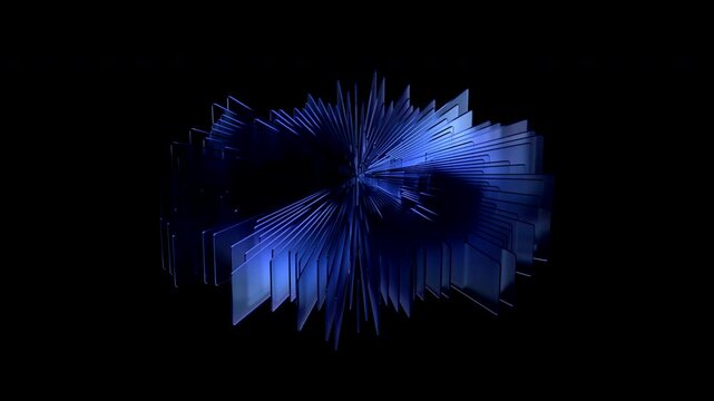 Glass rotating objects are arranged in a structure and organized in a circle on a black background, 4k seamless loop 3d animation	