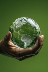 Close-up of hand cradling a translucent globe, set against a vibrant green backdrop