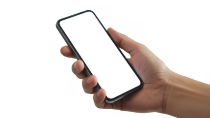 Hand holding smartphone with white screen isolated on a transparent background