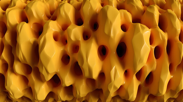 Close-up of a shiny, abstract honeycomb like pattern in bright yellow.