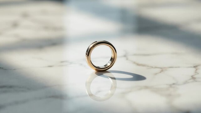 Solitary golden wedding band standing on a white marble surface with moving sunlight and shadows