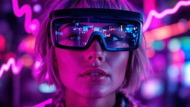 Young woman with augmented reality glasses experiencing a futuristic virtual world with neon lights