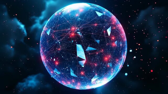Digital sphere with glowing plexus connections and shards floating through a cloudy, starry space
