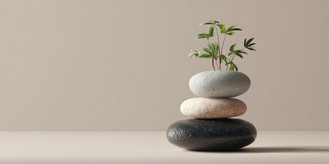 A serene studio shot featuring a balanced stack of stones with a small plant emerging from the top