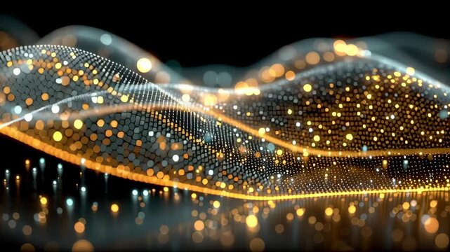 Abstract representation of a digital wave featuring glowing golden and silver dots on a dark background. the flowing pattern of light points creates a dynamic and futuristic feel, ideal for tech and i