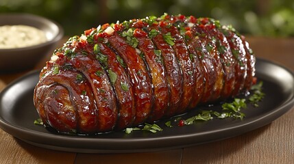 Herb glazed beef roulade roast with a fragrant seasoned glaze and parsley garnish