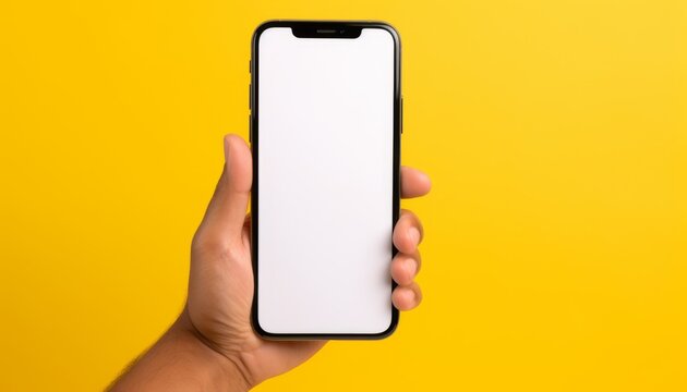 Hand holding smartphone with blank screen against bright yellow background for mockup and design purposes