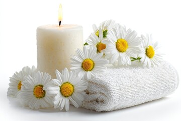 A white candle burns next to rolled white towel and several daisies