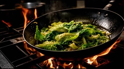 Chef stir-frying fresh green vegetables in wok over open flame, sizzling cooking action and restaurant kitchen food preparation concept generative AI - Powered by Adobe