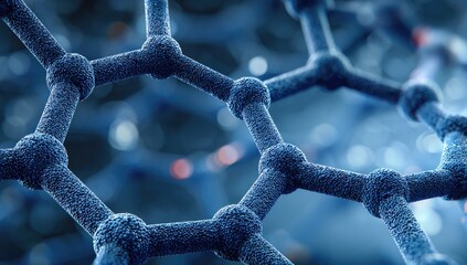 Close-up of a molecular structure, with a blue hue and bokeh background