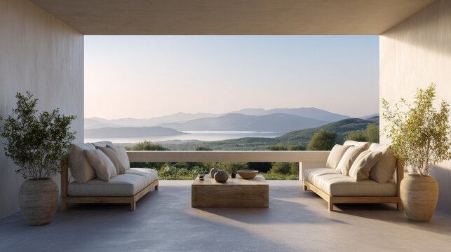 Minimalist terrace with stunning mountain and lake view at sunset