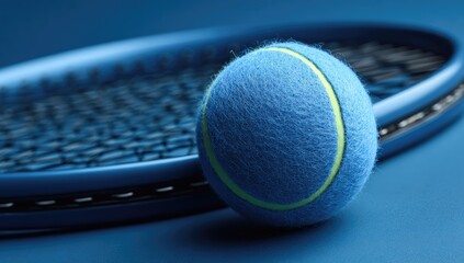 A close-up shot features a tennis ball and racket, all rendered in shades of blue