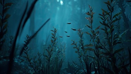 Deep underwater scene with plants, sunlight beams, and small fish. A tranquil, dark ambiance