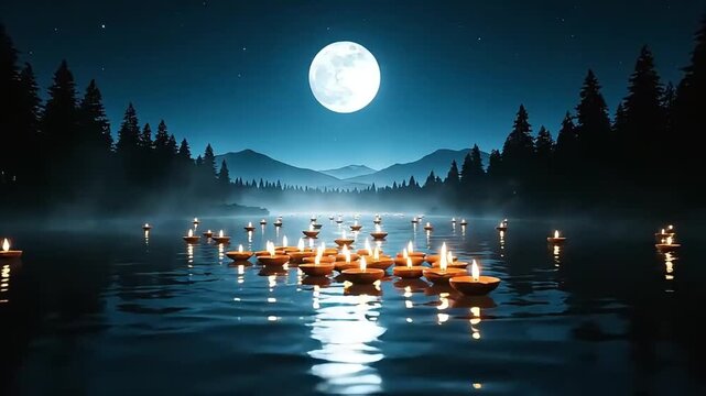 Maha Shivratri Moonlit Lake with Candles, Trees, Mountains