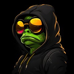 Hooded neon-green frog wearing reflective sunglasses in a dark hoodie portrait