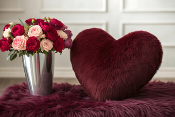 Romantic Home Decor, Valentine&rsquo;s Day Interior Design Scene and Burgundy Heart Pillow with Roses on Cozy Rug