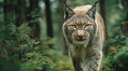 Obraz premium Majestic Lynx Walking Through Lush Green Forest Landscape