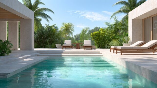 Luxurious tropical poolside retreat with palm trees and lounge chairs