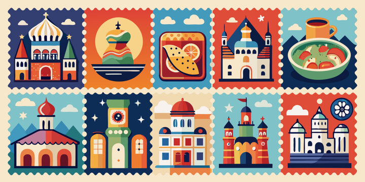 Colorful Russian iconic building and architecture stamps for web design