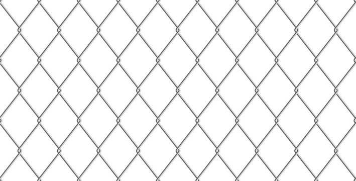Metal chain link fence seamless pattern. Silver steel wire mesh on white background. Realistic industrial vector texture for security, protection and boundary concept. Seamless metallic net.
