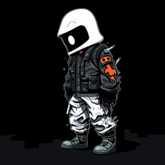 Illustrated astronaut-inspired streetwear character wearing a white helmet and dark tactical jacket