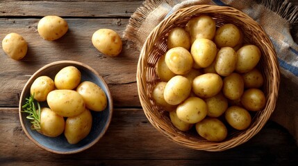 Fresh potatoes in woven basket and ceramic bowl on rustic wooden table