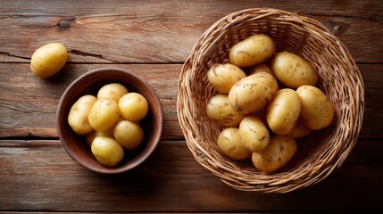 Fresh potatoes in wicker basket on rustic wooden table