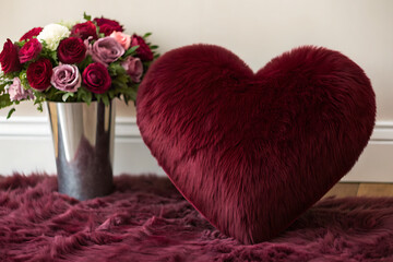 Romantic Home Decor, Valentine&rsquo;s Day Interior Design Scene and Burgundy Heart Pillow with Roses on Cozy Rug