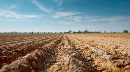 Vast plowed farmland under blue sky on sunny day with cloudy horizon