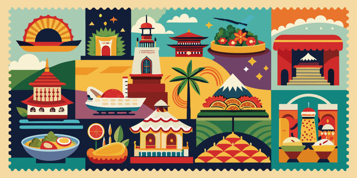 Creative vector illustration a set of colorful iconic Indonesian things stamps for creative design