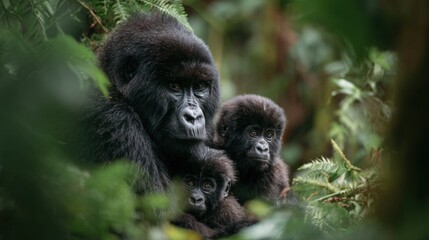Naklejka premium Family of Gorillas Displaying Cohesion in Natural Environment