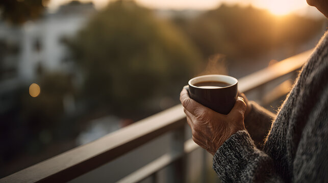 Morning coffee senior moment with elderly person holding cup on balcony at sunrise, enjoying peaceful start of the day with warm drink and natural light in cozy outdoor setting