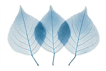 Transparent blue leaves overlapping against a stark white backdrop, showcasing delicate veins