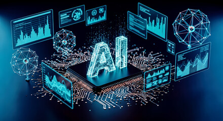 Futuristic ai concept with data visualization screens