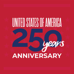 250 years anniversary celebration logo for poster, banner, greeting card. 4th of July Independence Day of America. Number 250 vector illustration on blue background.