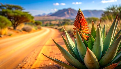 Orange flower blooms on a spiky plant along a sandy road, distant mountains under a bright, sunny sky