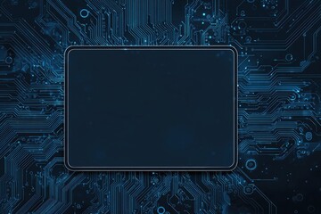 Dark blue motherboard background with a central rectangular, darkened, display-shaped area