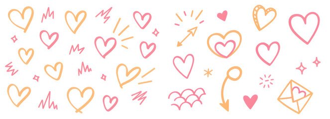 Hand drawn hearts and love symbols in pink and orange on white