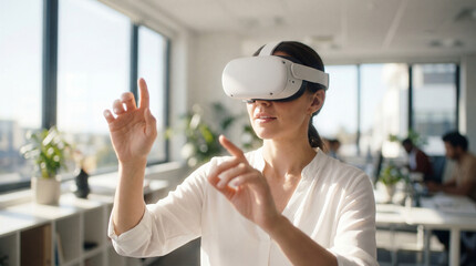 Young adult woman wearing a virtual reality headset and gesturing in a bright office, using innovative technology for business and digital transformation in a modern workspace