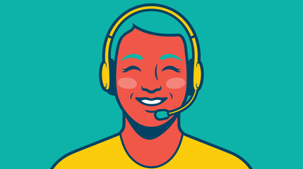 Smiling man wearing a headset happily communicates with customers, providing excellent.
