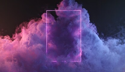 Surreal digital art showing neon frame amidst vibrant, colored cloud formation